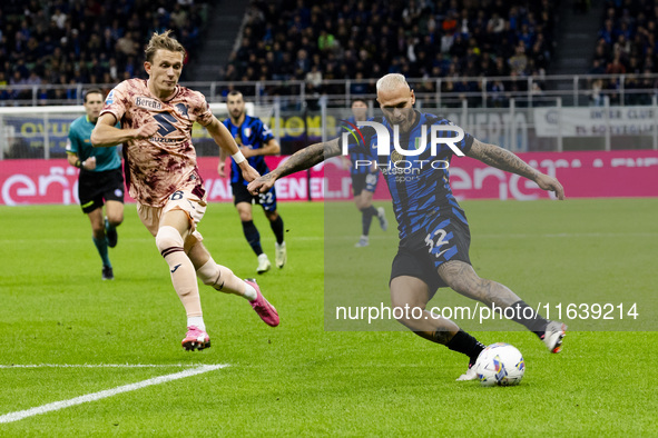 Federico Dimarco plays during the Serie A match between FC Internazionale and Torino FC at Stadio Giuseppe Meazza in Milano, Italy, on Octob...