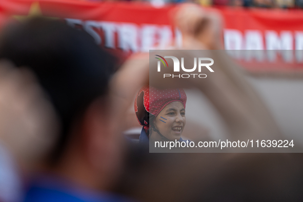 Children of Castellers de Berga participate in the Concurs de Castells competition in Tarragona, Spain, on October 5, 2024. 