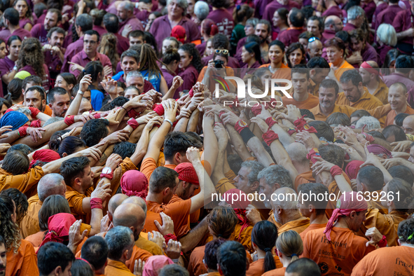 Members of Sagals d'Osona participate in the Concurs de Castells competition in Tarragona, Spain, on October 5, 2024. 