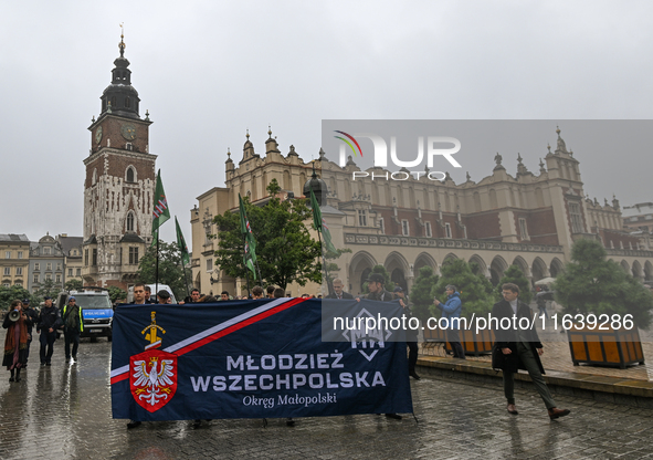 KRAKOW, POLAND - OCTOBER 5:
Members of the All-Polish Youth (Polish: Mlodziez Wszechpolska), a far-right ultranationalist youth organization...