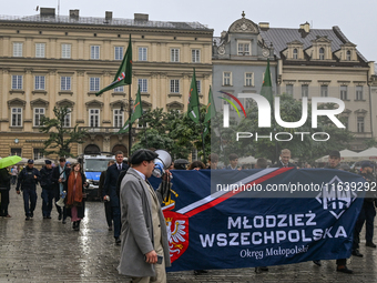 KRAKOW, POLAND - OCTOBER 5:
Members of the All-Polish Youth (Polish: Mlodziez Wszechpolska), a far-right ultranationalist youth organization...