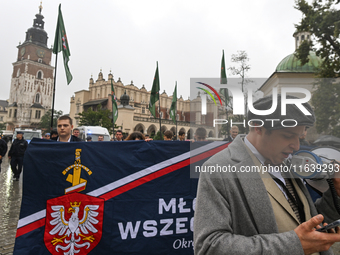 KRAKOW, POLAND - OCTOBER 5:
Members of the All-Polish Youth (Polish: Mlodziez Wszechpolska), a far-right ultranationalist youth organization...