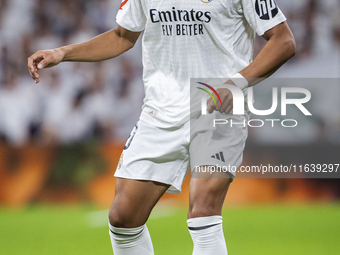 Kylian Mbappe of Real Madrid CF is in action with the ball during the La Liga EA Sports 2024/25 football match between Real Madrid CF and Vi...