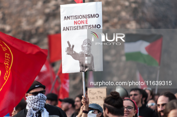 People from some Palestinian associations in Italy participate in a national pro-Palestine demonstration in Rome, Italy, on October 5, 2024,...