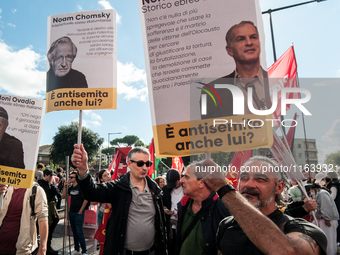 People from some Palestinian associations in Italy participate in a national pro-Palestine demonstration in Rome, Italy, on October 5, 2024,...