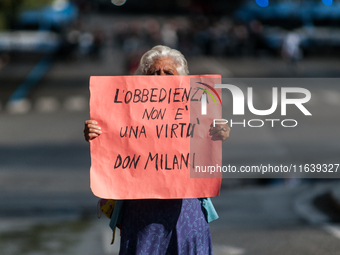 People from some Palestinian associations in Italy participate in a national pro-Palestine demonstration in Rome, Italy, on October 5, 2024,...