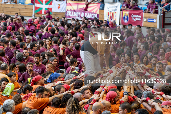 Members of Sagals d'Osona participate in the Concurs de Castells competition in Tarragona, Spain, on October 5, 2024. 