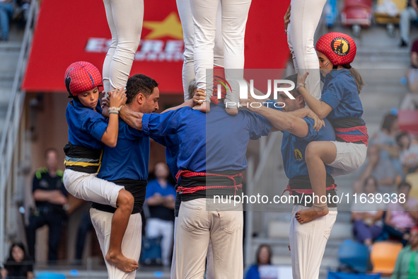 Castellers de Berga participate in the Concurs de Castells competition in Tarragona, Spain, on October 5, 2024. 