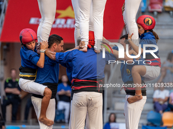 Castellers de Berga participate in the Concurs de Castells competition in Tarragona, Spain, on October 5, 2024. (