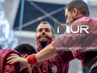 Colla Castellera Jove de Barcelona participates in the Concurs de Castells competition in Tarragona, Spain, on October 5, 2024. (