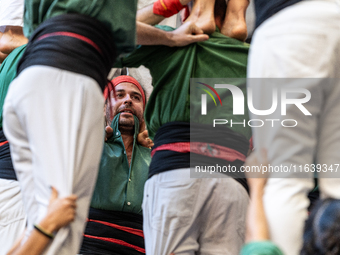 Castellers de Sant Cugat participate in the Concurs de Castells competition in Tarragona, Spain, on October 5, 2024. (