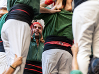 Castellers de Sant Cugat participate in the Concurs de Castells competition in Tarragona, Spain, on October 5, 2024. (