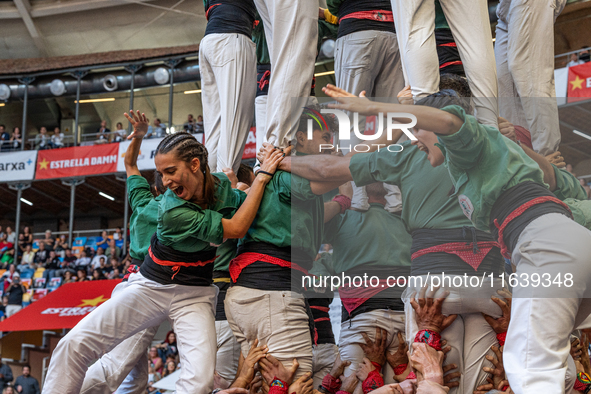 Castellers de Sant Cugat participate in the Concurs de Castells competition in Tarragona, Spain, on October 5, 2024. 