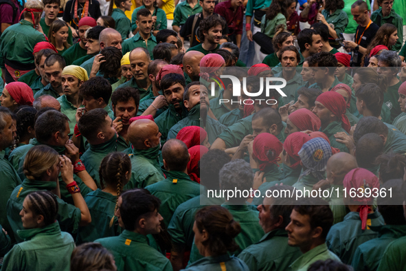 Castellers de Sant Cugat participate in the Concurs de Castells competition in Tarragona, Spain, on October 5, 2024. 