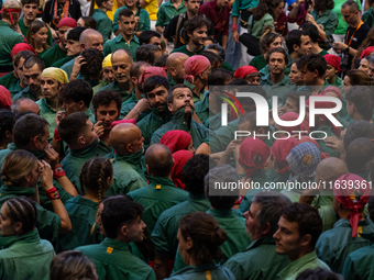 Castellers de Sant Cugat participate in the Concurs de Castells competition in Tarragona, Spain, on October 5, 2024. (