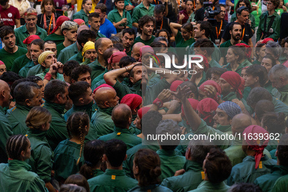 Castellers de Sant Cugat participate in the Concurs de Castells competition in Tarragona, Spain, on October 5, 2024. 