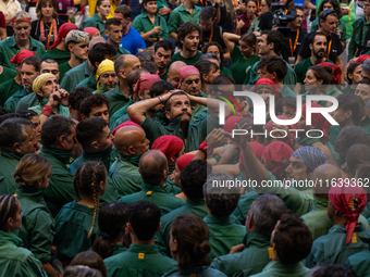 Castellers de Sant Cugat participate in the Concurs de Castells competition in Tarragona, Spain, on October 5, 2024. (