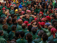 Castellers de Sant Cugat participate in the Concurs de Castells competition in Tarragona, Spain, on October 5, 2024. (