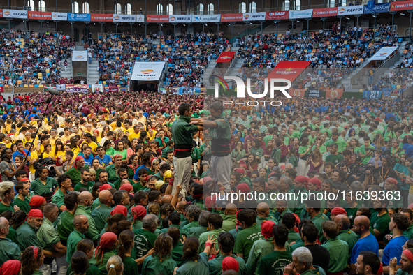 Castellers de Sant Cugat participate in the Concurs de Castells competition in Tarragona, Spain, on October 5, 2024. 