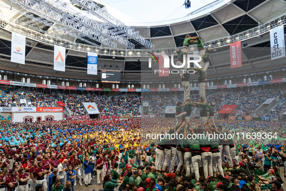 Castellers de Sant Cugat participate in the Concurs de Castells competition in Tarragona, Spain, on October 5, 2024. 