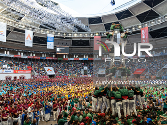 Castellers de Sant Cugat participate in the Concurs de Castells competition in Tarragona, Spain, on October 5, 2024. (