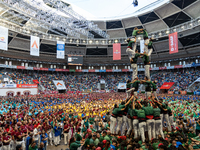 Castellers de Sant Cugat participate in the Concurs de Castells competition in Tarragona, Spain, on October 5, 2024. (