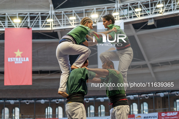 Castellers de Sant Cugat participate in the Concurs de Castells competition in Tarragona, Spain, on October 5, 2024. 