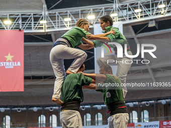 Castellers de Sant Cugat participate in the Concurs de Castells competition in Tarragona, Spain, on October 5, 2024. (