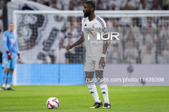 Antonio Rudiger of Real Madrid CF is in action with the ball during the La Liga EA Sports 2024/25 football match between Real Madrid CF and...