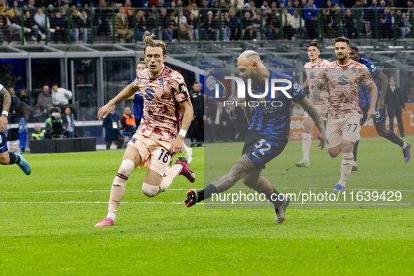 Federico Dimarco plays during the Serie A match between FC Internazionale and Torino FC at Stadio Giuseppe Meazza in Milano, Italy, on Octob...