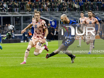 Federico Dimarco plays during the Serie A match between FC Internazionale and Torino FC at Stadio Giuseppe Meazza in Milano, Italy, on Octob...