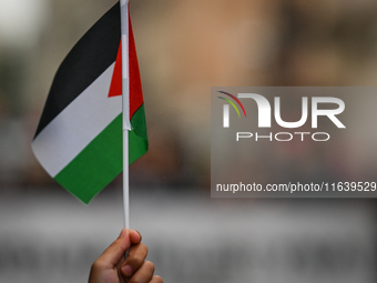 KRAKOW, POLAND - OCTOBER 5:
Pro-Palestinian activists gather in Krakow's UNESCO-listed Old Town for the 'March for Palestine,' calling for a...