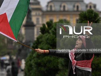 KRAKOW, POLAND - OCTOBER 5:
Pro-Palestinian activists gather in Krakow's UNESCO-listed Old Town for the 'March for Palestine,' calling for a...