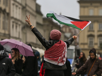 KRAKOW, POLAND - OCTOBER 5:
Pro-Palestinian activists gather in Krakow's UNESCO-listed Old Town for the 'March for Palestine,' calling for a...