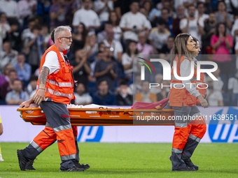 The injured Daniel Carvajal of Real Madrid CF is carried out on a stretcher by the doctors during the La Liga EA Sports 2024/25 football mat...