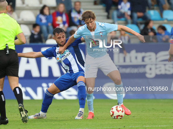 Fer Lopez of Celta Fortuna and Kevin Sibille of SD Ponferradina are in action during the Spanish football 1 Federation Group 1, JOR 7 match...