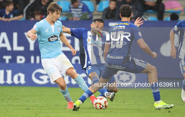 Fer Lopez of Celta Fortuna and Kevin Sibille of SD Ponferradina are in action during the Spanish football 1 Federation Group 1, JOR 7 match...