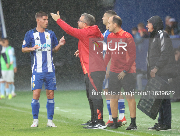 Brais Abelenda of SD Ponferradina and Javier Rey, Manager of SD Ponferradina, participate in the Spanish football 1st Federation Group 1, JO...