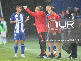 Brais Abelenda of SD Ponferradina and Javier Rey, Manager of SD Ponferradina, participate in the Spanish football 1st Federation Group 1, JO...