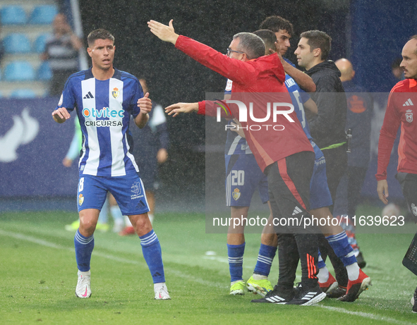 Brais Abelenda of SD Ponferradina and Javier Rey, Manager of SD Ponferradina, participate in the Spanish football 1st Federation Group 1, JO...