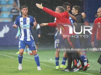 Brais Abelenda of SD Ponferradina and Javier Rey, Manager of SD Ponferradina, participate in the Spanish football 1st Federation Group 1, JO...