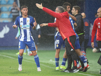 Brais Abelenda of SD Ponferradina and Javier Rey, Manager of SD Ponferradina, participate in the Spanish football 1st Federation Group 1, JO...