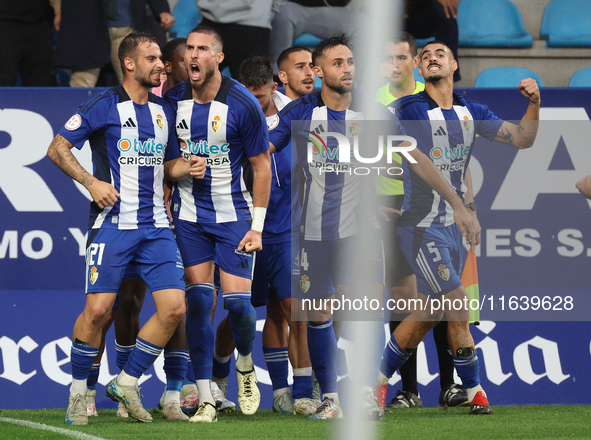 David Andujar, Jose Luis Cortes, Javier Lancho, and Kevin Sibille of SD Ponferradina play during the Spanish football 1 Federation Group 1,...