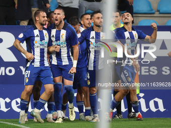 David Andujar, Jose Luis Cortes, Javier Lancho, and Kevin Sibille of SD Ponferradina play during the Spanish football 1 Federation Group 1,...