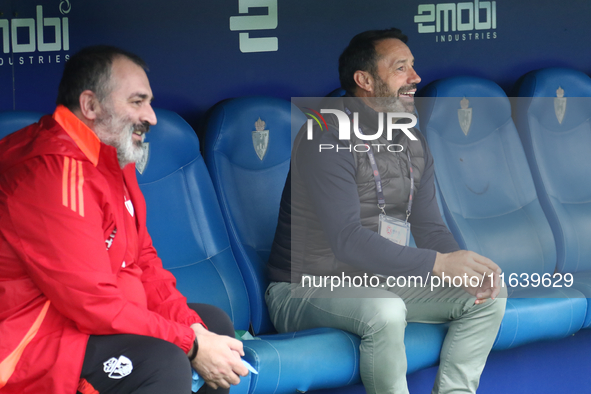 Jose Sietes, manager of Ponferradina, is in action during the Spanish Football 1st Federation Group 1, JOR 7 match between SD Ponferradina a...