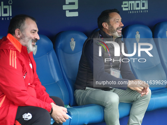 Jose Sietes, manager of Ponferradina, is in action during the Spanish Football 1st Federation Group 1, JOR 7 match between SD Ponferradina a...