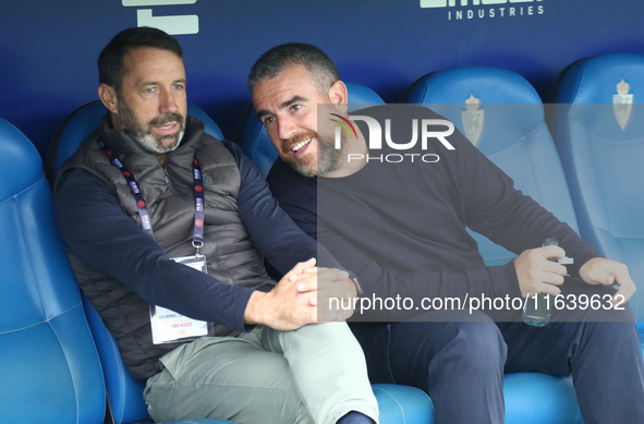 Jose Sietes (left) and Javier Rey, Manager (right) of SD Ponferradina, are in action during the Spanish Football 1st Federation Group 1, Mat...