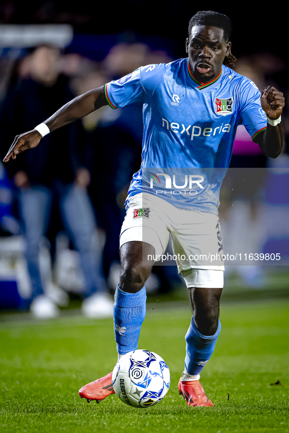 NEC defender Brayann Pereira plays during the match between NAC and NEC at the NAC Rat Verleghstadium for the Dutch Eredivisie season 2024-2...