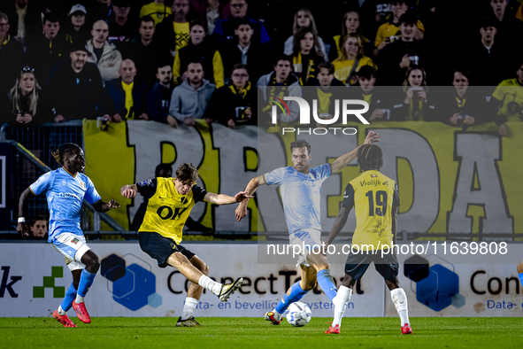 NAC Breda forward Leo Sauer and NEC defender Ivan Marquez are present during the match between NAC and NEC at the NAC Rat Verleghstadium for...