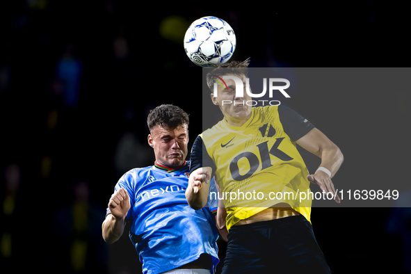 NAC Breda forward Kacper Kostorz faces NEC forward Vito van Crooij during the match between NAC and NEC at the NAC Rat Verleghstadium for th...